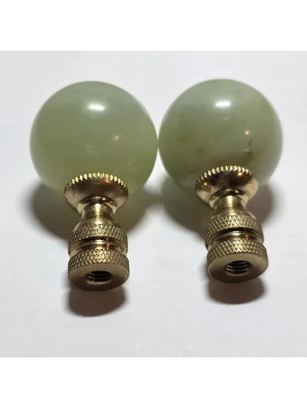 Lot Of 2 Green Jade Gemstone Lamp Finials Polished Brass Base EUC